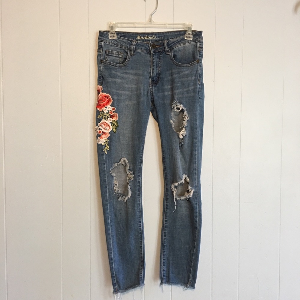 Machine floral distressed skinny jeans